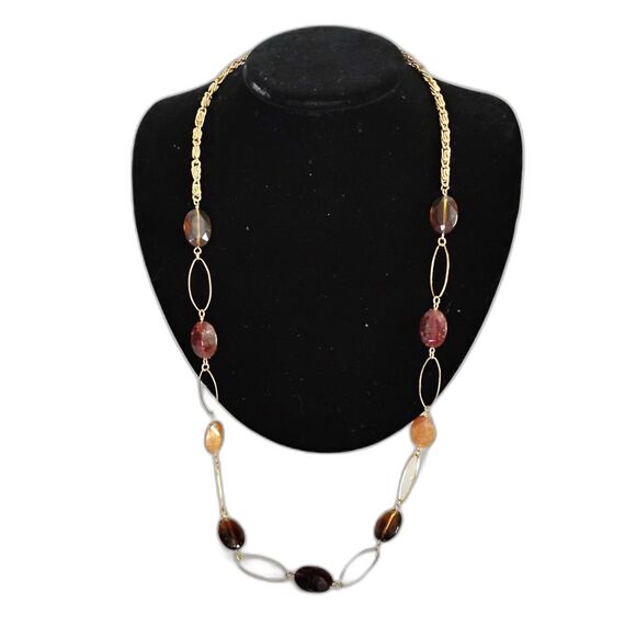 Y2K Vintage Clear Brown Oval Beaded Necklace, Gold Tone Metal, Boho Chic - Picture 2 of 4